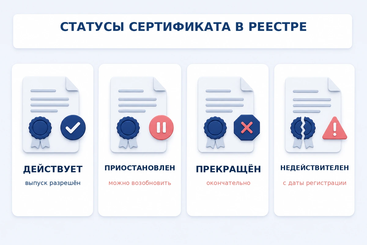 Различия статусов сертификата: действует, приостановлен, прекращён и недействителен