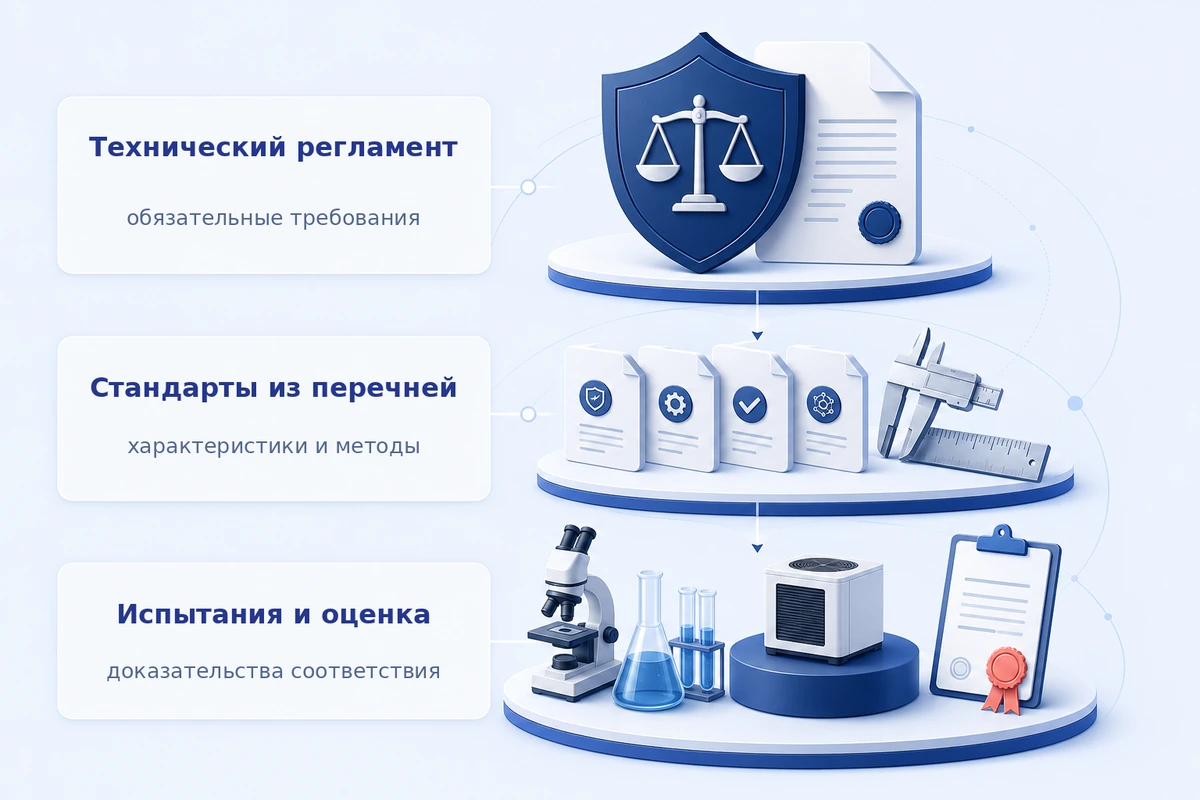 Связь технического регламента, стандартов и испытаний