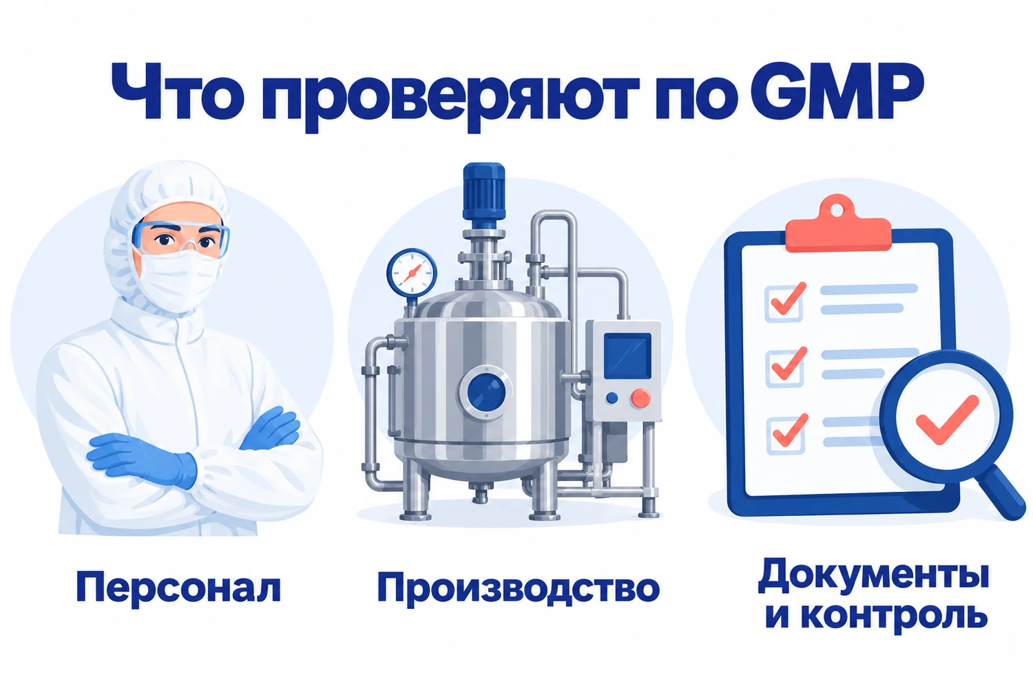 Основные направления оценки GMP: персонал, производство, документы и контроль
