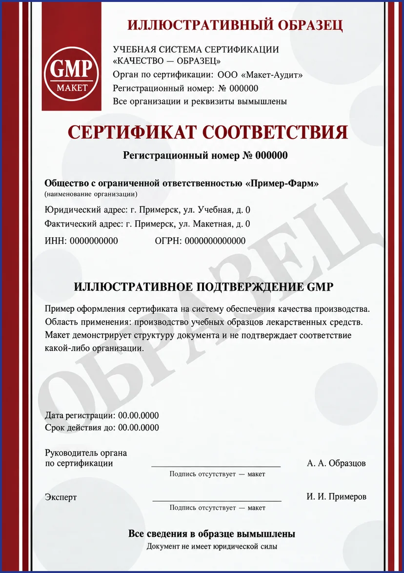 Иллюстративный образец сертификата соответствия GMP с вымышленными реквизитами