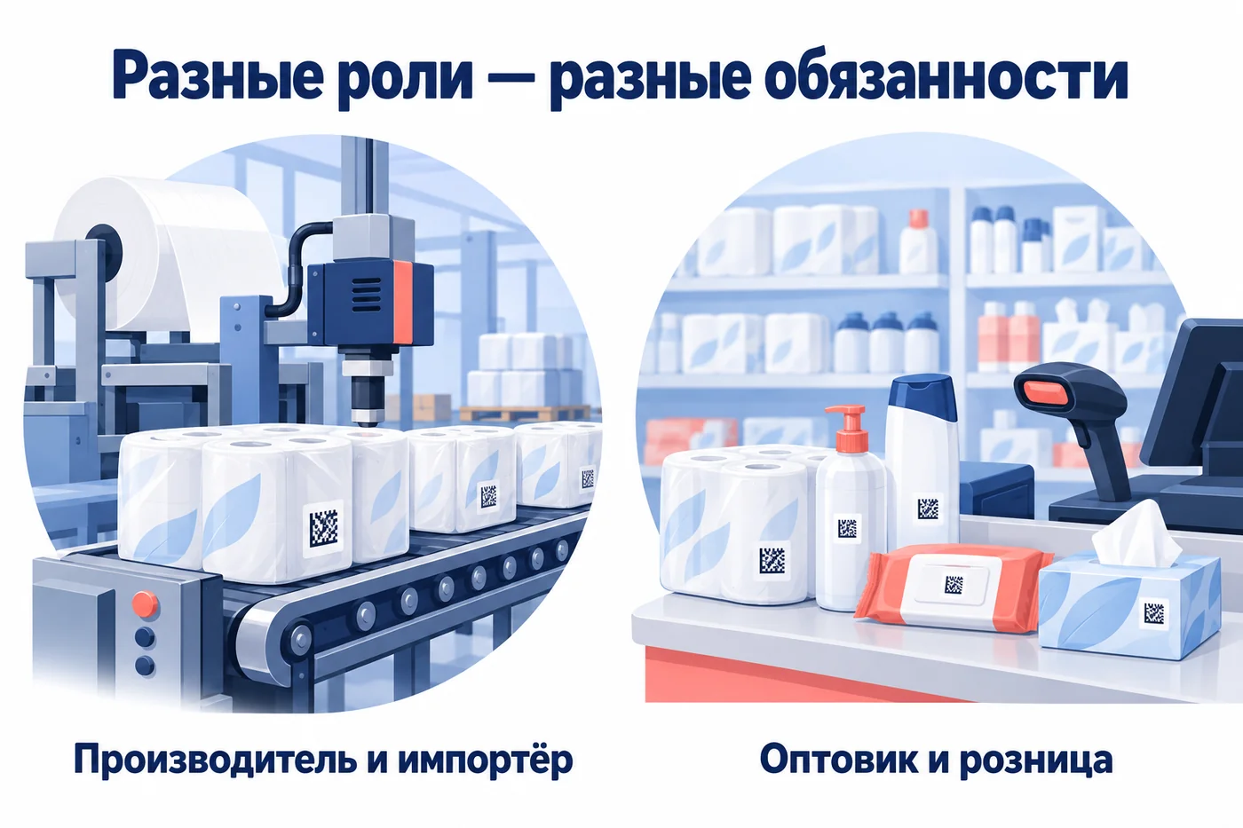Производитель и импортёр наносят коды, оптовик и розница выполняют операции по правилам своего этапа